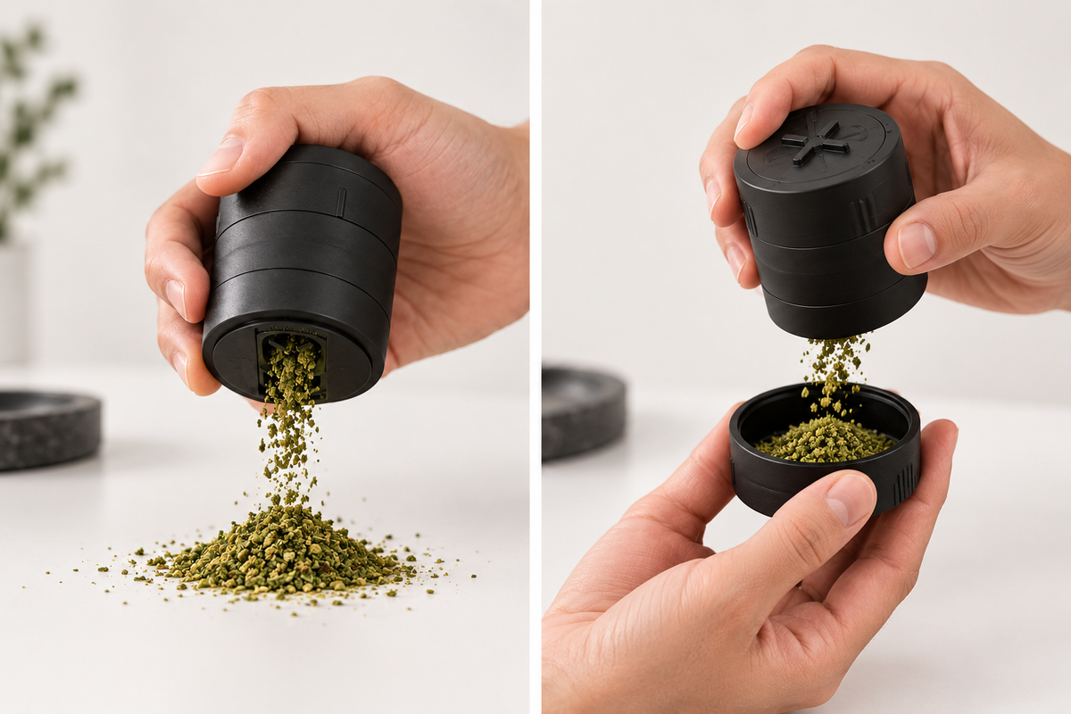 MaryMILL grinder parts showing lid access and direct bottom dispensing