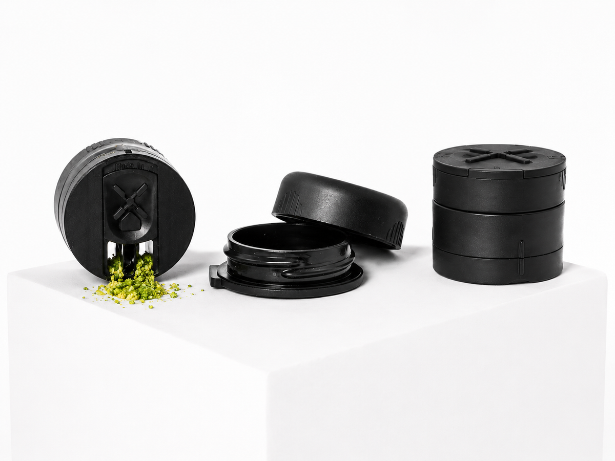 MaryMILL grinder parts showing lid access and direct bottom dispensing