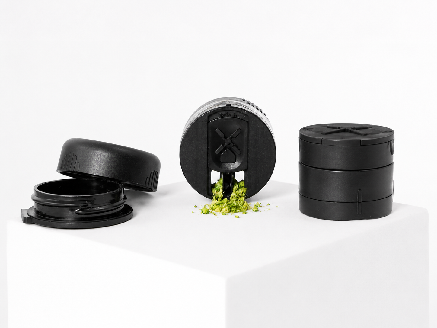 MaryMILL grinder parts showing lid access and direct bottom dispensing